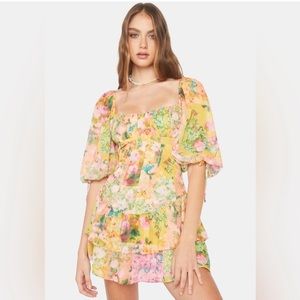 NWT For Love and Lemons Floral Yellow Drop Waist Dress